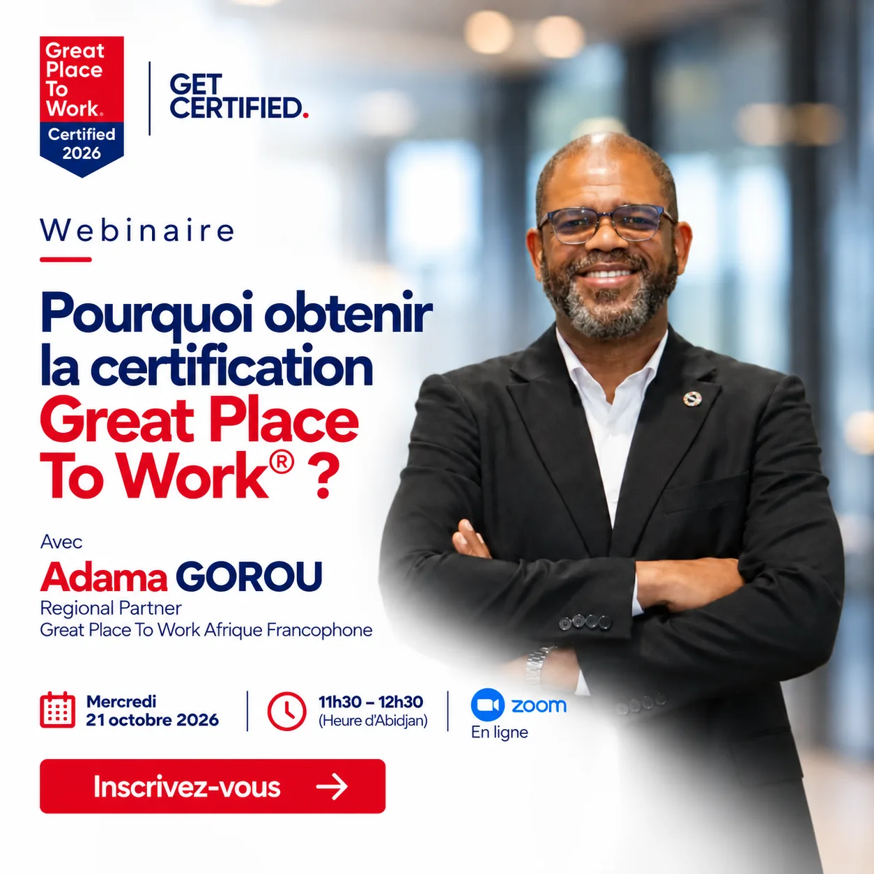 Affiche du webinaire Great Place To Work avec Adama Gorou